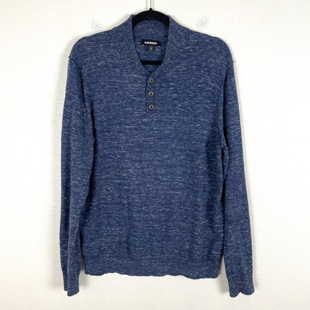 Express Mens Large Blue Pullover Sweater 100% Cotton Long Sleeves Knit‎ Shirt